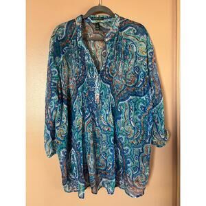 Lauren Ralph Lauren Paisley Tunic Blouse 2X | Blue Green Boho Print | Plus Size